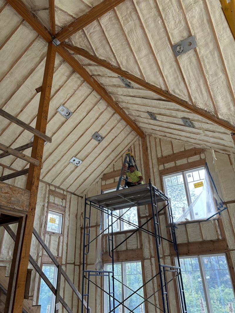 Timber-framed cathedral ceiling with foam applied between rafters.