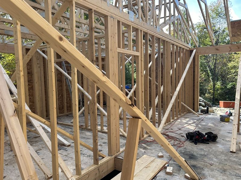 Newly framed house with open stud bays and roof trusses, before insulation.
